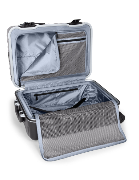 Valise cabine 55 cm TUMI 19 Degree Frame Black Texture, intérieur ouvert, poche supérieure et sangles visibles