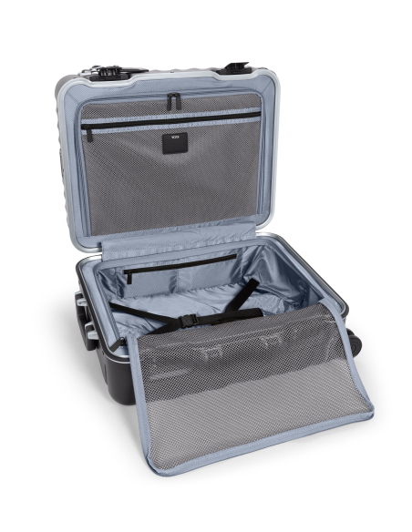 Valise cabine large 55 cm TUMI 19 Degree Frame Black Texture, intérieur ouvert avec sangles et filet rabattu