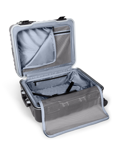 Valise cabine large 55 cm TUMI 19 Degree Frame Black Texture, intérieur ouvert, poche supérieure et sangles visibles