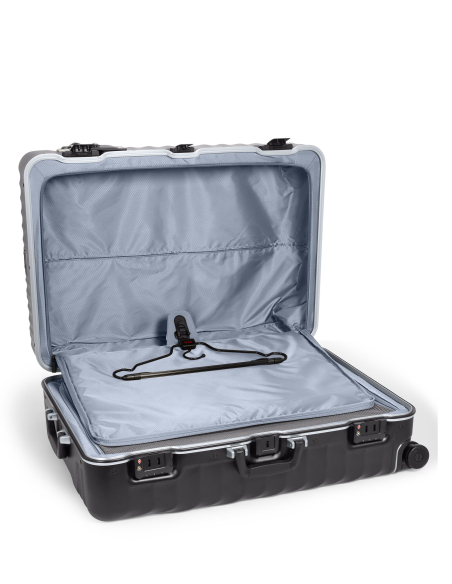 Valise soute 76 cm TUMI 19 Degree Frame Black Texture, valise ouverte avec cintre visible dans le rangement supérieur