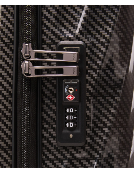 Valise cabine large 55 cm TUMI 19 Degree Lite Black/Graphite, détail de la serrure TSA et des tirettes de fermeture