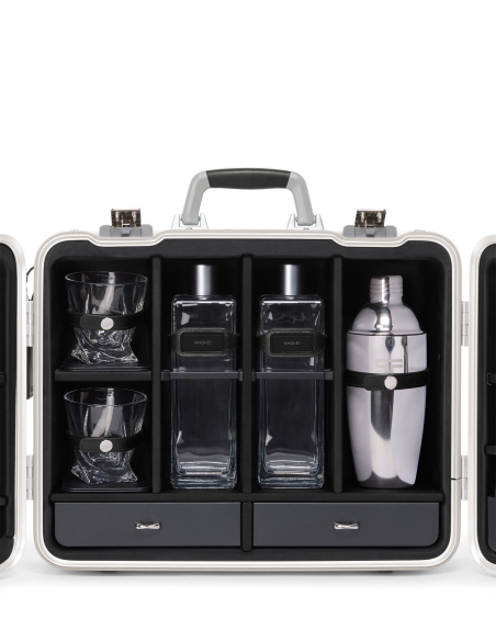 Coffret de bar en aluminium TUMI 19 Degree Aluminium Silver, compartiment central avec verres, carafes et shaker