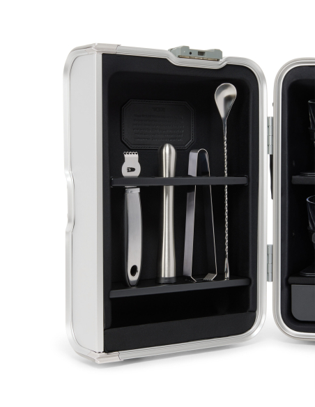 Coffret de bar en aluminium TUMI 19 Degree Aluminium Silver, porte gauche avec ustensiles