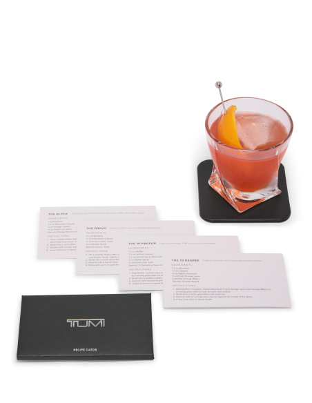 Coffret de bar en aluminium TUMI 19 Degree Aluminium Silver, cartes de recettes, sous-verre et verre à cocktail en présentation