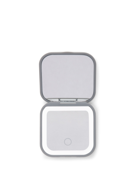 Miroir compact lumineux TUMI 19 Degree Aluminium Silver, miroir ouvert de face avec contour lumineux