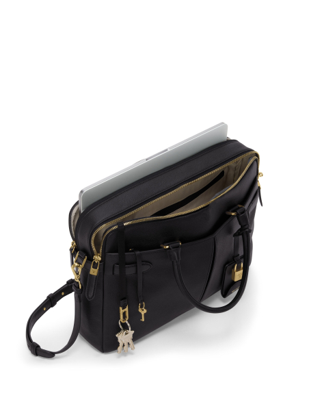 Porte-documents en cuir TUMI Agent Black, accès ordinateur et poche avant ouverts