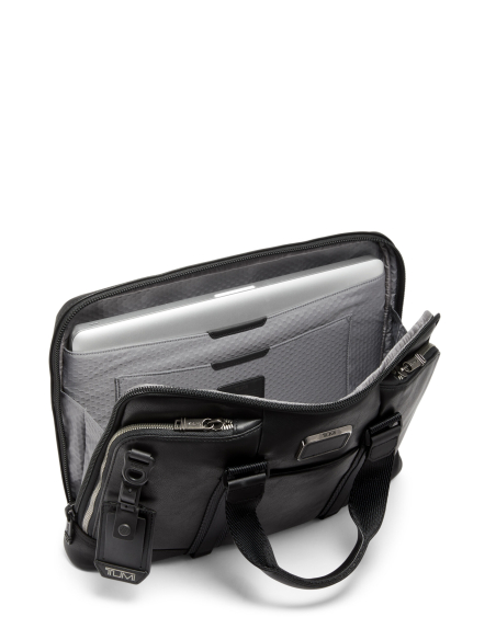 Porte-documents en cuir TUMI Alpha Bravo Academy Black, intérieur ouvert avec emplacements ordinateur et tablette