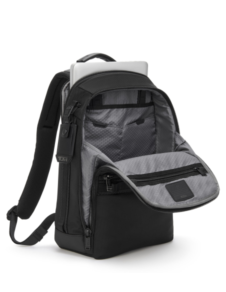 Sac à dos en nylon TUMI Alpha Bravo Dynamic Black, rangements ordinateur et tablette ouverts