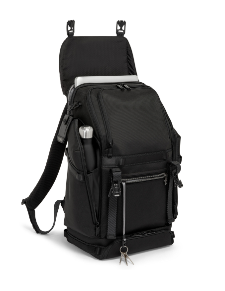 Sac à dos TUMI Alpha Bravo Expedition Flap Black, rangement ordinateur et poche latérale ouverts