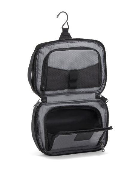 Trousse de toilette en nylon TUMI Alpha Bravo Response Black, ouverte et suspendue par son crochet