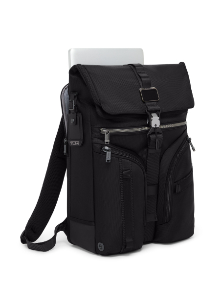 Sac à dos en nylon TUMI Alpha Bravo Surveillance Black, compartiment ordinateur ouvert et rabat fermé