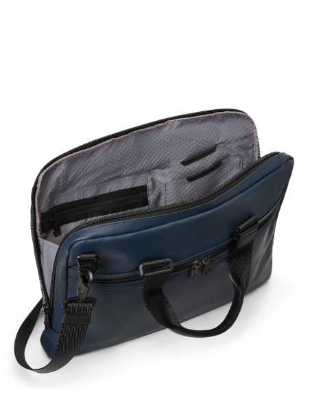 Porte-documents toile enduite TUMI Alpha Bravo Academy Navy Coated Canvas, compartiment principal ouvert avec ordinateur