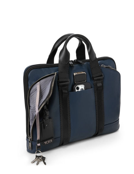 Porte-documents toile enduite TUMI Alpha Bravo Academy Navy Coated Canvas, poche frontale ouverte avec clés et téléphone