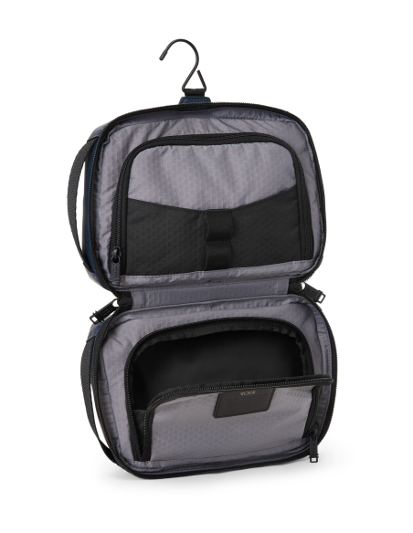 Trousse de toilette toile enduite TUMI Alpha Bravo Response Navy Coated Canvas, trousse suspendue avec crochet déployé