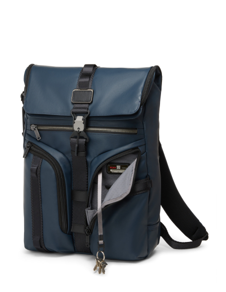 Sac à dos toile enduite TUMI Alpha Bravo Surveillance Navy Coated Canvas, poche avant ouverte et attache-clés