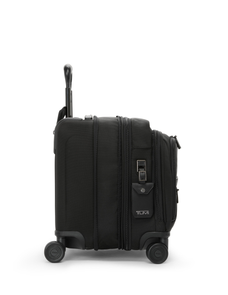 Valise compacte extensible Deluxe TUMI Alpha Black, vue de profil et serrure TSA