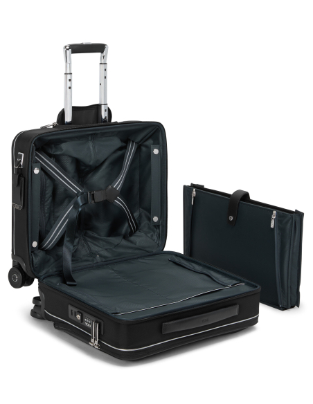 Valise compacte 4 roues 40cm TUMI Arrivé Black, intérieur déployé avec sangles