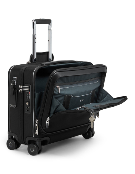 Valise compacte 4 roues 40cm TUMI Arrivé Black, poche informatique et accessoires ouverts