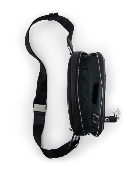 Sac porté croisé Messina cuir TUMI Arrivé Black, compartiment ouvert et attache-clés