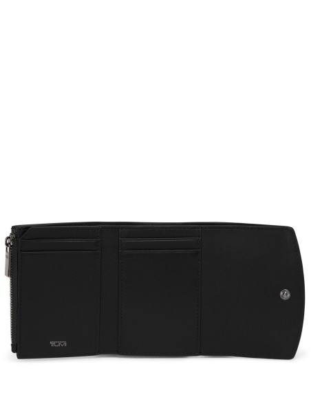 Portefeuille compact Belden Black/Gunmetal ouvert : emplacements pour cartes et rabat