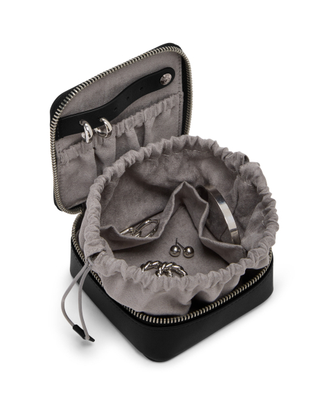 Écrin Belden Black/Gunmetal ouvert : bijoux et rangements intérieurs