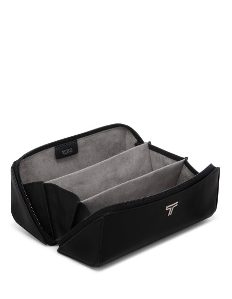 Étui à lunettes Belden Black/Gunmetal ouvert, trois compartiments vides