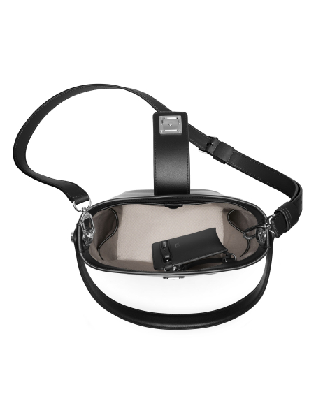 Petit sac seau TUMI Olas Black ouvert avec téléphone et pochette détachable