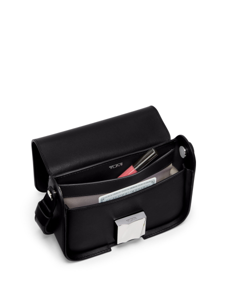 Petit sac bandoulière TUMI Olas Black ouvert avec objets dans les poches