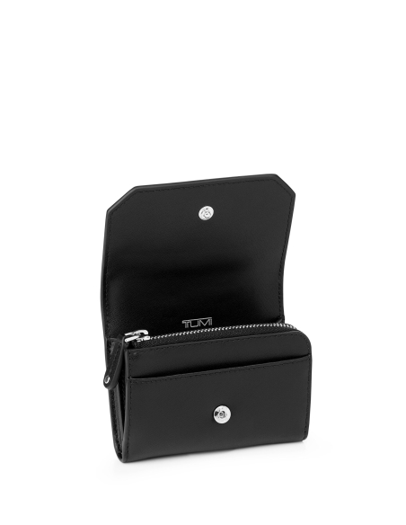 Portefeuille bandoulière TUMI Olas Black ouvert, pression et poche zippée