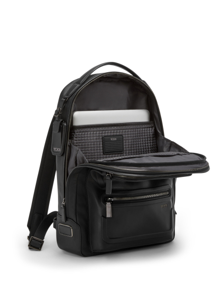 Sac à dos TUMI Harrison Bradner cuir Black Bombe, rangement ordinateur ouvert