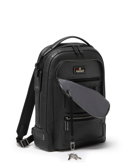 Sac à dos TUMI Harrison Bradner cuir Black Bombe, poche avant et attache-clés