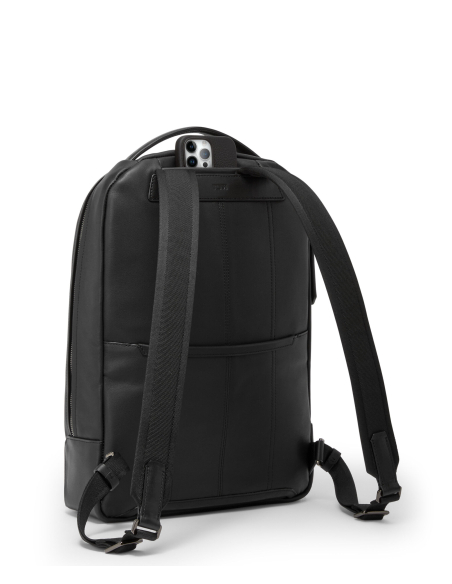 Sac à dos TUMI Harrison Bradner cuir Black Bombe, vue arrière avec bretelles et poche téléphone