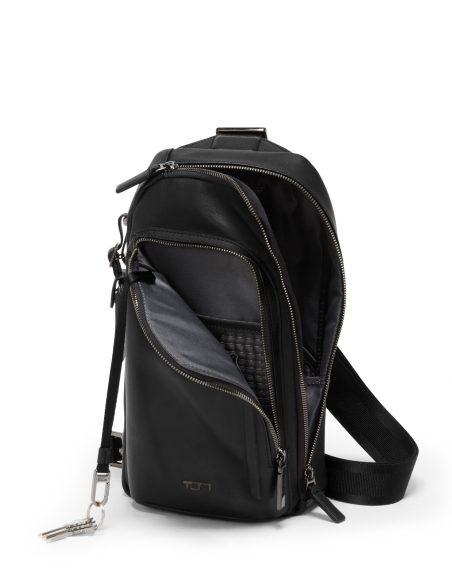 Sac sling TUMI Harrison Gregory cuir Black Bombe, compartiments ouverts