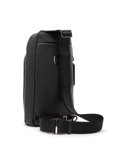 Sac sling TUMI Harrison Gregory cuir Black Bombe, vue arrière et bandoulière