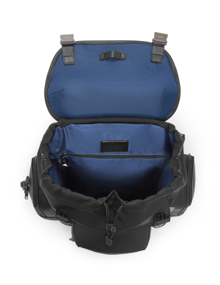 Sac à dos TUMI Harrison Griffen Midnight Black, rabat ouvert et doublure bleue