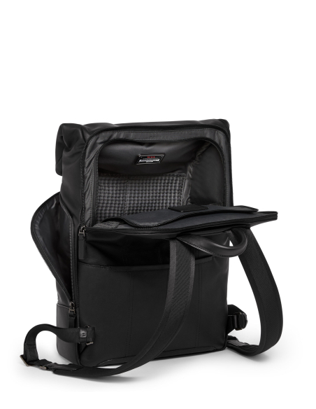 Sac à dos TUMI Harrison Osborn cuir Black Bombe, compartiment arrière ouvert