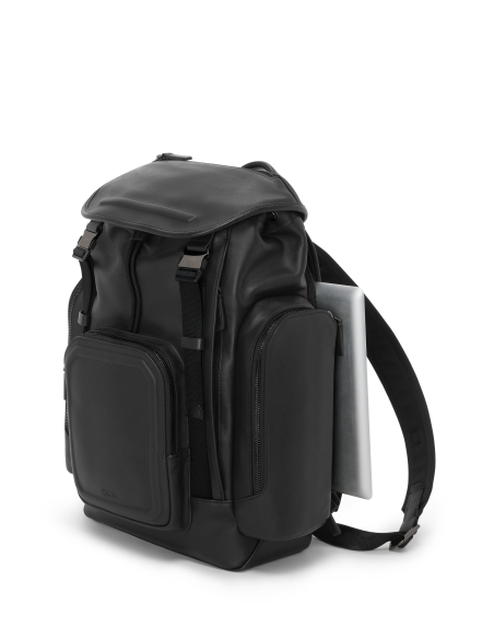 Sac à dos TUMI Harrison Small Griffen cuir Black Bombe, vue de trois quarts et rangement ordinateur