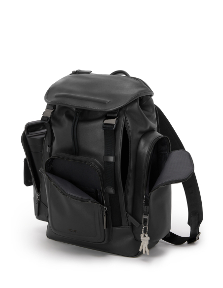 Sac à dos TUMI Harrison Small Griffen cuir Black Bombe, poches extérieures ouvertes