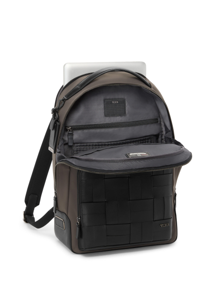 Sac à dos TUMI Harrison Warren Taupe/Black Woven, compartiment principal ouvert