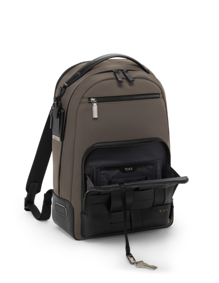 Sac à dos TUMI Harrison Warren Taupe/Black Woven, poche avant en U ouverte