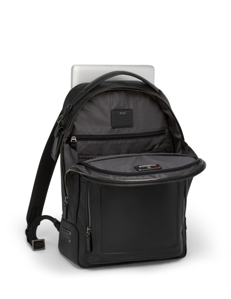 Sac à dos TUMI Harrison Warren cuir Black Bombe, rangements intérieurs et compartiment principal ouverts