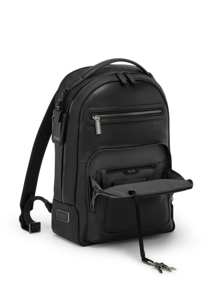 Sac à dos TUMI Harrison Warren cuir Black Bombe, poche avant en U et attache-clés
