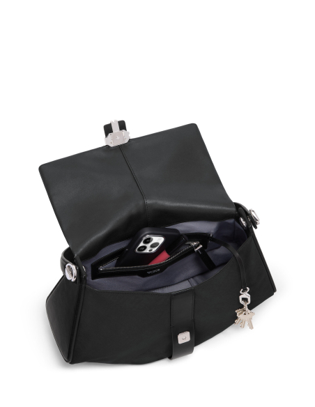 Sac cabas TUMI Journey Medium Black, rabat relevé et intérieur avec accessoires