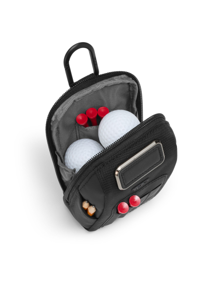 Porte-tees de golf TUMI Black, compartiment ouvert avec exemples de contenu