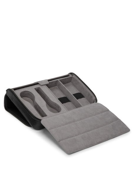 Trousse de voyage TUMI en cuir Black Embossed, emplacements intérieurs avec rabat abaissé