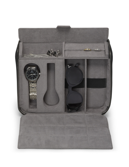 Trousse de voyage TUMI en cuir Black Embossed, exemple de rangement pour montre, lunettes et bijoux