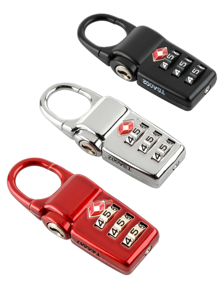 Lot de trois cadenas TSA TUMI Black, cadenas noir, argent et rouge, molettes à trois chiffres