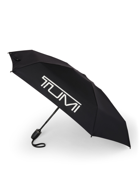 Parapluie compact de voyage TUMI Black, toile ouverte et logo extérieur