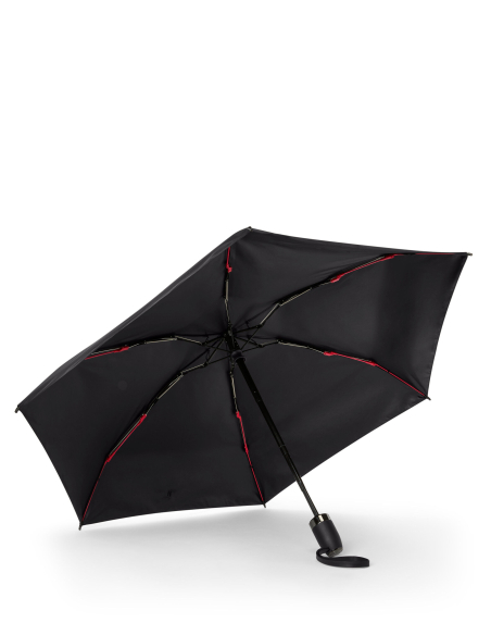 Parapluie compact de voyage TUMI Black, dessous de la toile, armature et détails rouges