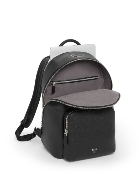 Sac à dos Beneditto TUMI Turin Black Pebbled, compartiment principal ouvert et ordinateur